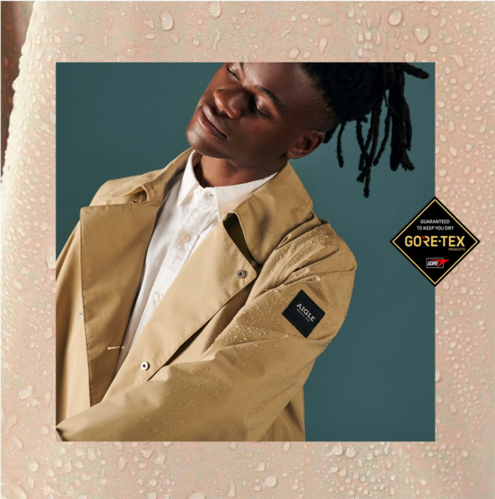 Visuel Gore-Tex : mannequin en trench beige, badge Gore-Tex