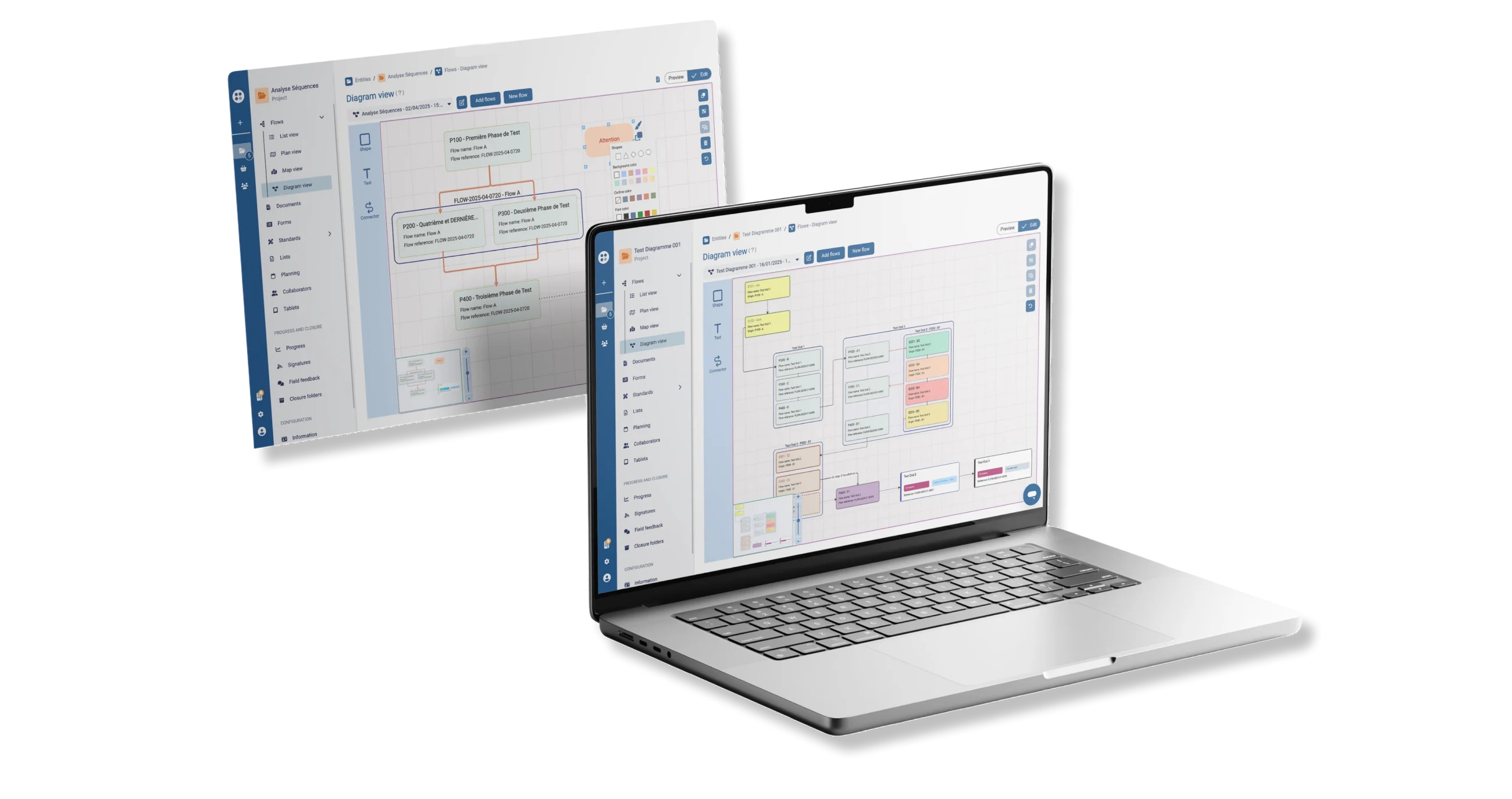 Mockups de l'outil de diagramme Siteflow sur ordinateur portable et écran