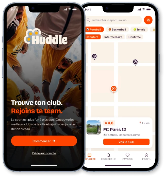 Écrans de l'application Huddle : accueil et carte des clubs