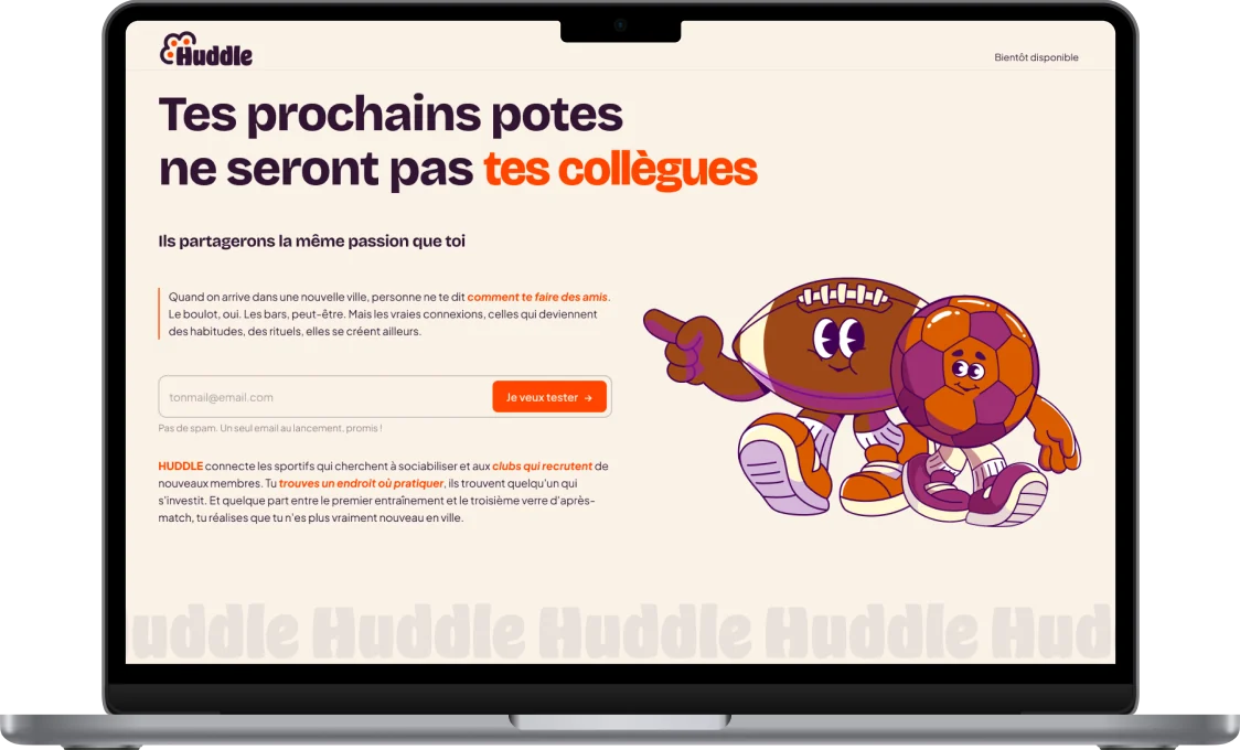 Landing page Huddle sur ordinateur