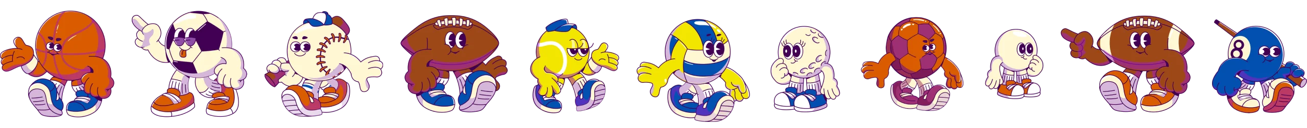 Les 11 mascottes Huddle : ballons de basket, foot, baseball, rugby, tennis, volley, golf, handball, ping-pong, football américain et billard