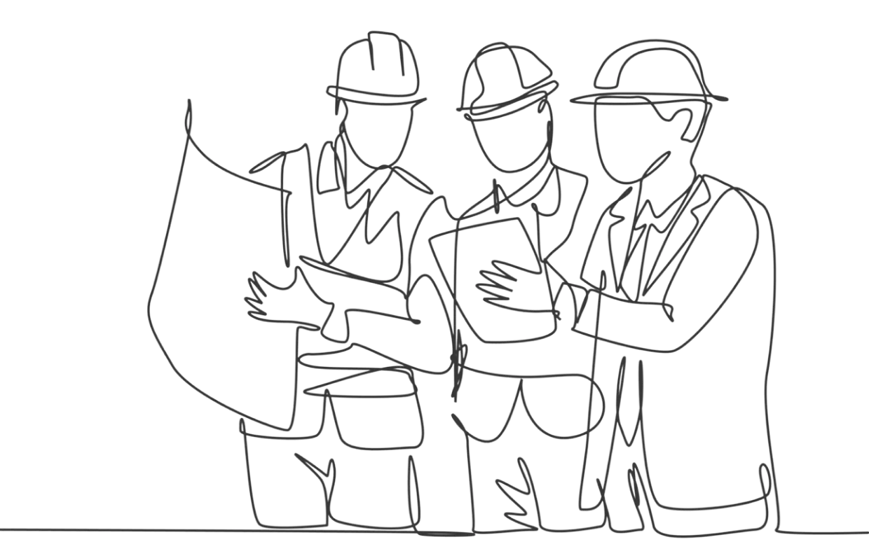 Illustration en trait continu d'ingénieurs consultant un plan